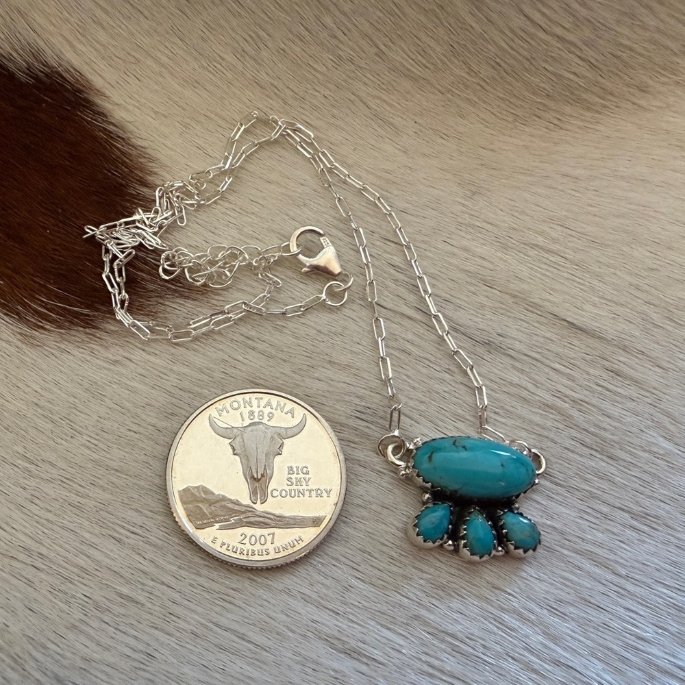❤️ Kingman Turquoise 4 Stone Pendant 925 Sterling 16+2” Adj Paper Clip Necklace - Picture 7 of 15